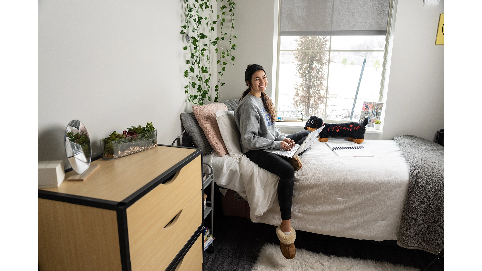 Student studying on their bed in a decorated room with a large window.
