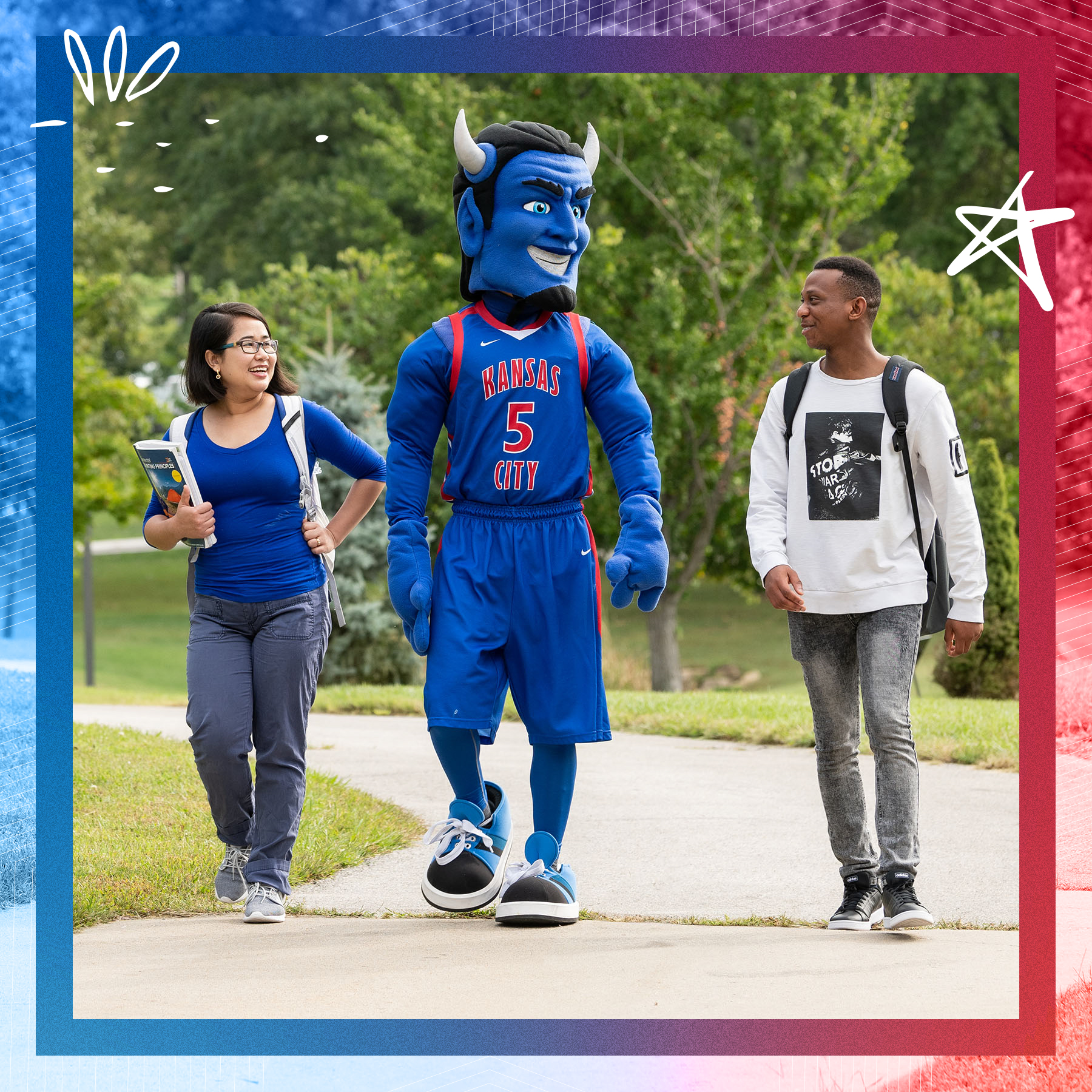 Blue with students