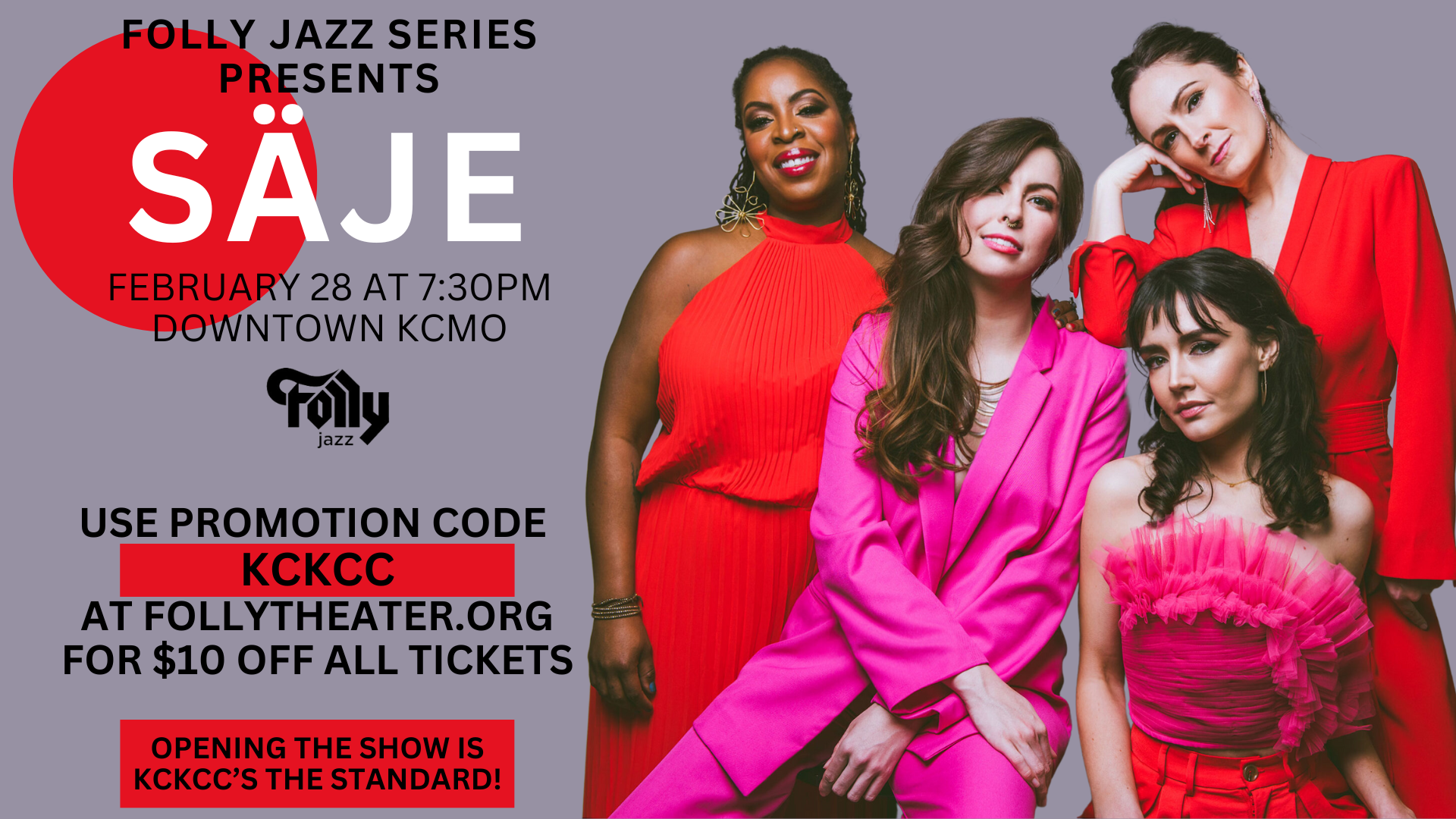 Graphic showing the women of Saje, announcing the concert details.