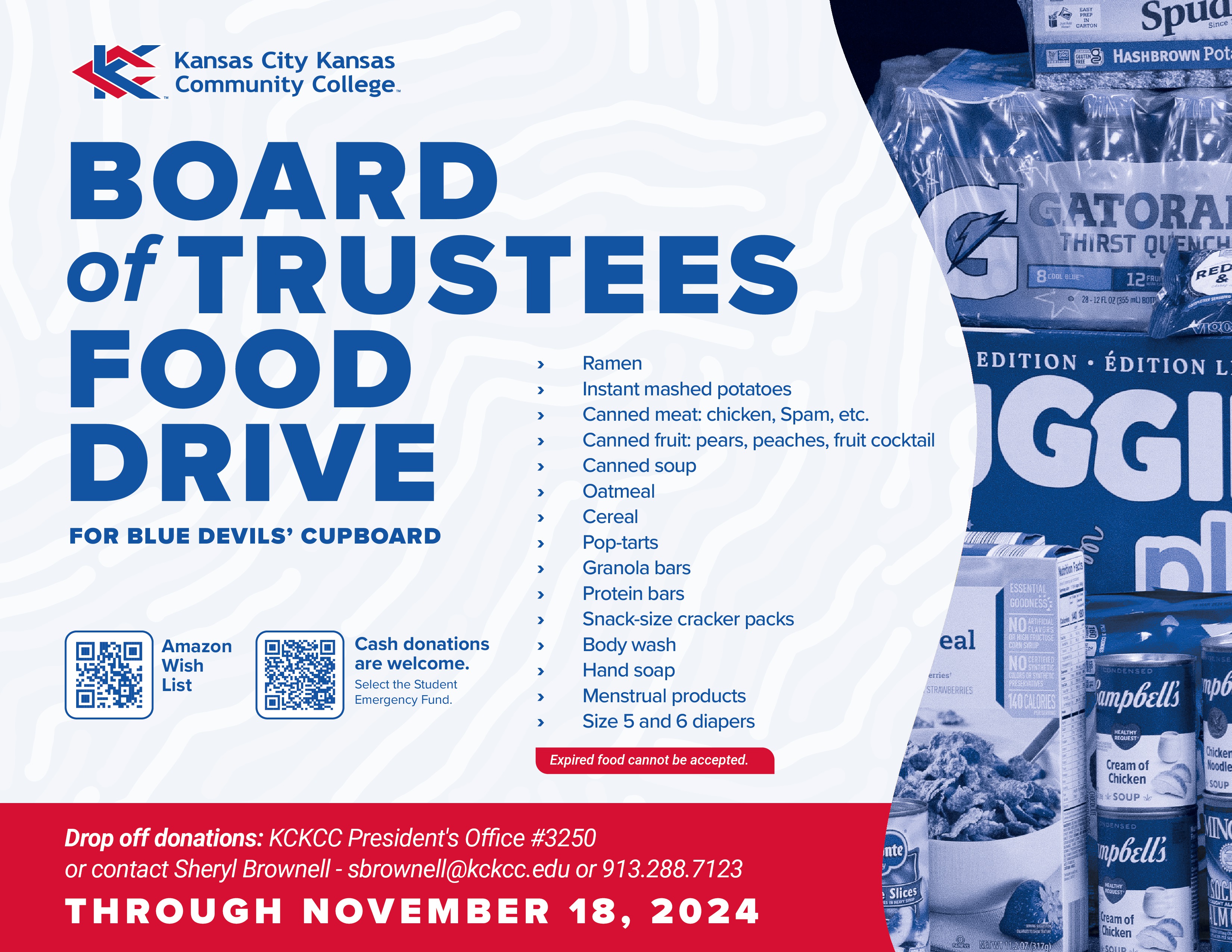 Graphic with photo of food and a list of items being collected for food drive.
